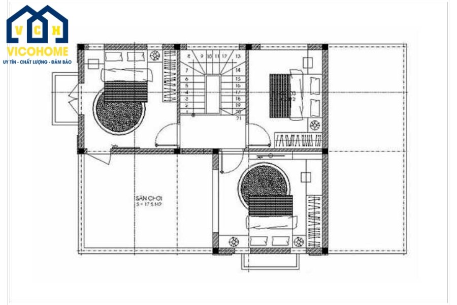 Bản vẽ thiết kế nhà 2 tầng 4 phòng ngủ 80m2 tầng 1